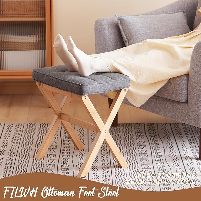 FILWH Foot Stool Small Ottoman Foot Rest Padded Foot Stool Desk Foot Stool for Under Office Desk Vanity Stool Bamboo Footstool Sofa Footrest Shoe Stool Small Foot Stools (Natural Legs + Gray)