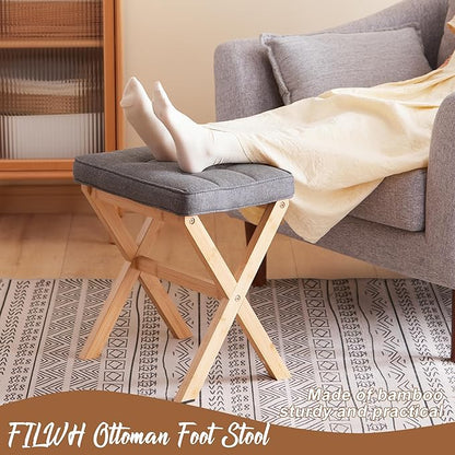FILWH Foot Stool Small Ottoman Foot Rest Padded Foot Stool Desk Foot Stool for Under Office Desk Vanity Stool Bamboo Footstool Sofa Footrest Shoe Stool Small Foot Stools (Natural Legs + Gray)