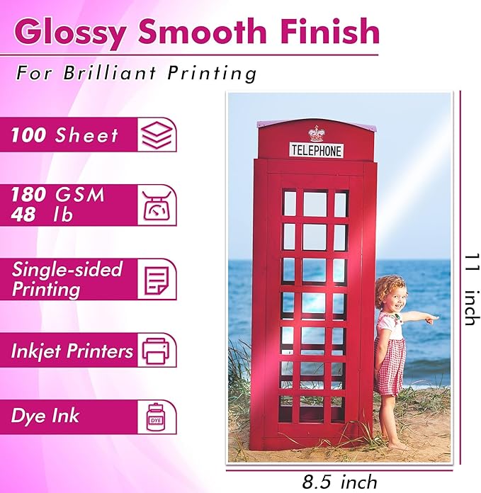 Koala Glossy Inkjet Photo Paper 8.5X11 Inches 48lb 100 Sheets Professional Glossy Photographic Paper Compatible with Inkjet Printer Use DYE INK 180GSM