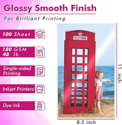 Koala Glossy Inkjet Photo Paper 8.5X11 Inches 48lb 100 Sheets Professional Glossy Photographic Paper Compatible with Inkjet Printer Use DYE INK 180GSM