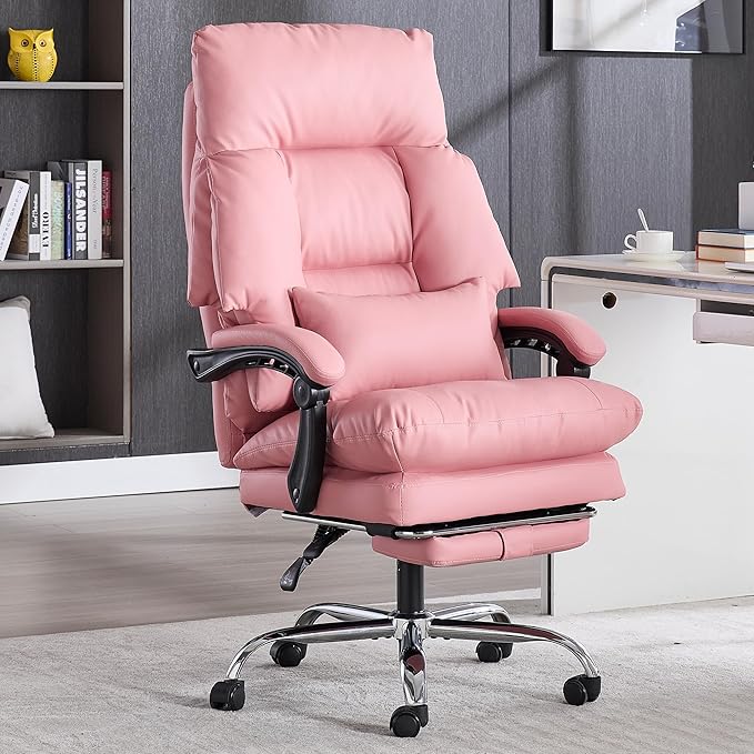 Pink Office Chair with Footrest 500lbs,Reclining Leather Computer Chair for Heavy People, Big and Tall Comfy Executive Desk Chair with Lumbar Support & Pillow,High Back