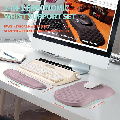 2-in-1 Ergonomic Set, Wave Rise Keyboard Wrist Rest and Massage Bulge Slope Mouse Pad Wrist Support, Cushion Memory Foam Integrated to Relieve Wrist Pain, Purple