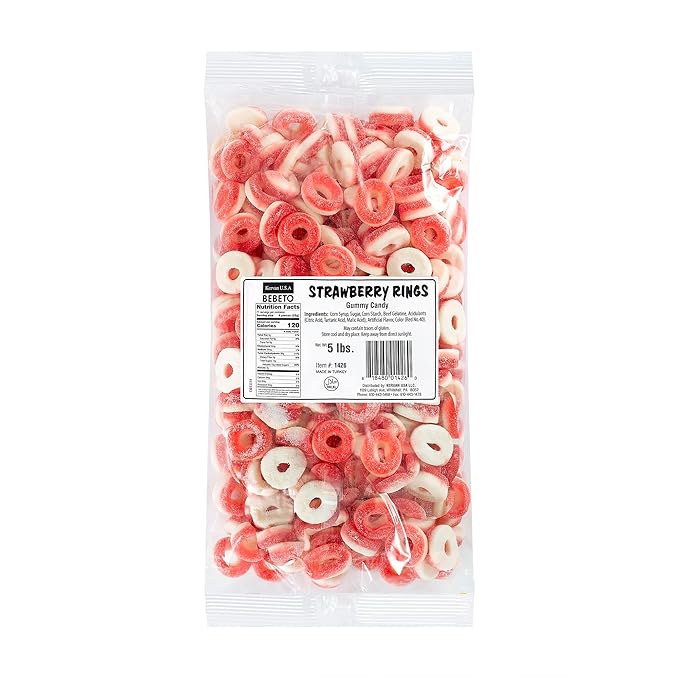 Kervan Candy Bebeto Strawberry Rings - Fruity, Soft, Sweet & Sour Gummy Candy Bulk for Kids, Gift Snacks and Parties - Strawberry Ring Gummies Big Party Size Bag (5 lbs)