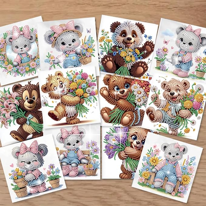 jinglinhh 12pcs Diamond Art Painting Flower Bear Greeting Cards with Envelopes, DIY Card Making Kits for Adults, Diamond Art Christmas Cards for Birthday Holiday Postcards Craft Gifts