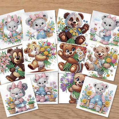jinglinhh 12pcs Diamond Art Painting Flower Bear Greeting Cards with Envelopes, DIY Card Making Kits for Adults, Diamond Art Christmas Cards for Birthday Holiday Postcards Craft Gifts