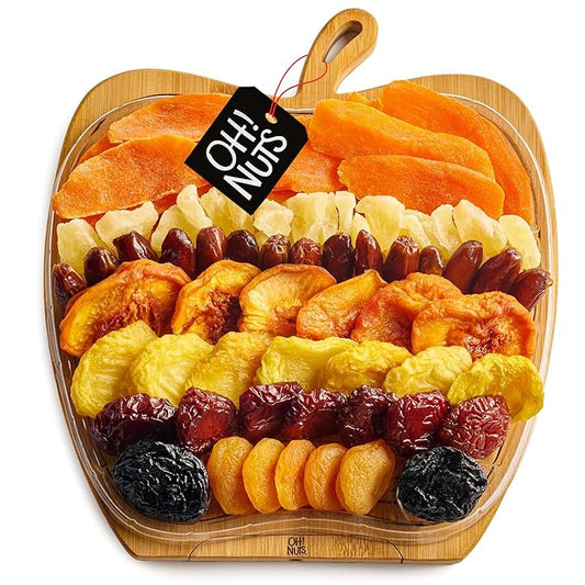 Oh! Nuts Dried Fruit Gift Basket - Gourmet Gift Baskets - Holiday Healthy Assortment Dried Fruits Gift Box - Crafted in the USA - Wooden Apple Shape Gift Tray - (Golden Brown)