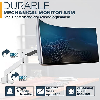 Premium Height Adjustable Single Monitor Arm Stand: Desk/Grommet Mount, Gas Spring Lift, VESA 75x75 or 100x100mm, Flat Curved Ultrawide Computer Screens up to 49in and 44lbs, Silver