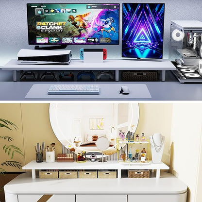 Large Dual Monitor Stand Riser 43.3IN，White Home Office Storage For Desk Accessories，Solid Wod Desk With Adjustable Legs For computer/PC/Laptop/Printer/Container/dressing table