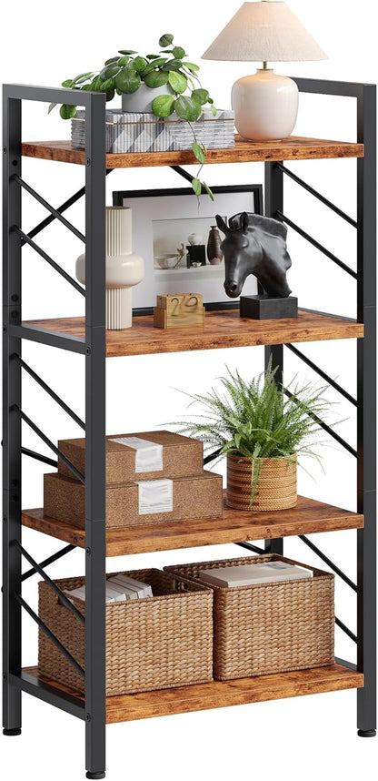 4 Tier Bookshelf, Industrial Bookcase with Metal Frame and Sidebars, Office Shelves for Small Spaces, Bedroom, Living Room, Rustic Brown