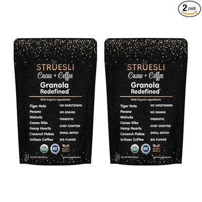 Struesli Cacao + Coffee Organic Granola, Grain & Gluten Free, Healthy Snacks with Cacao, Coffee, Tiger Nuts, Pecans, Walnuts, Hemp Hearts & Coconut Flakes, Plant Based, Keto & Paleo, 9 Oz, 2 Pack