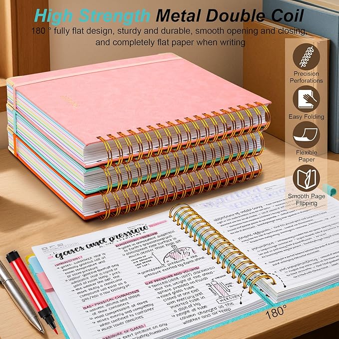 Hardcover Spiral Notebook 8"x10" Journal Notebook with Tabs and Removable Dividers 300 Pages 5 Subject Notebook College Ruled, Faux Leather Spiral Bound Notebook for Women School Work (Blue)