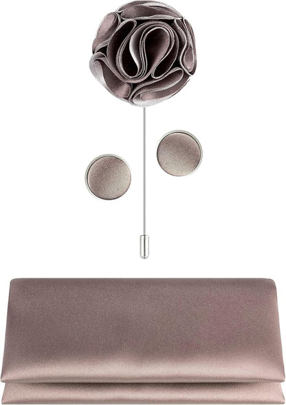 TIE G 5pcs Tie Set in WHITE OR BLACK GIFT BOX: Solid Color Necktie, Satin Bow Tie, Pocket Square, Lapel, Cuff Links