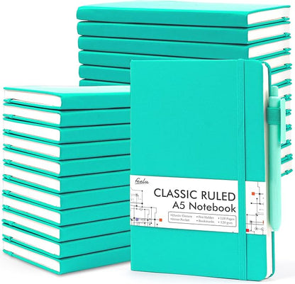 feela 24 Pack Journal Notebook Bulk for Work, Business Notebook Hardcover Lined Writing Journal with Pen Holder for Men Women Note Taking, with 24 Black Pens, 120 GSM, 5.1”x8.3”, A5, Aqua