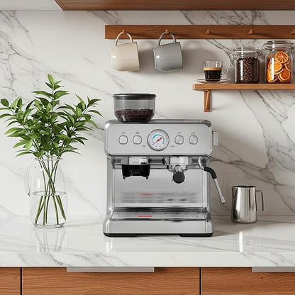 Kndko 20 Bar Espresso Machine with Grinder, Automatic Espresso Maker with PID Control & Milk Frother Steam Wand, Removable Water Tank – Barista-Style Lattes & Cappuccinos at Home (Silver)