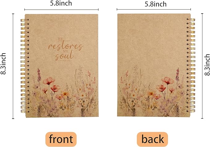 Christian Notebook for Women, Christian Art Gifts Journal, Prayer Journal for Women, Bible Journaling Notebook, PSALM 23:3 He Restores My Soul Floral Spiral Notebook 5.5x8.3 Kraft Paper