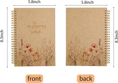 Christian Notebook for Women, Christian Art Gifts Journal, Prayer Journal for Women, Bible Journaling Notebook, PSALM 23:3 He Restores My Soul Floral Spiral Notebook 5.5x8.3 Kraft Paper
