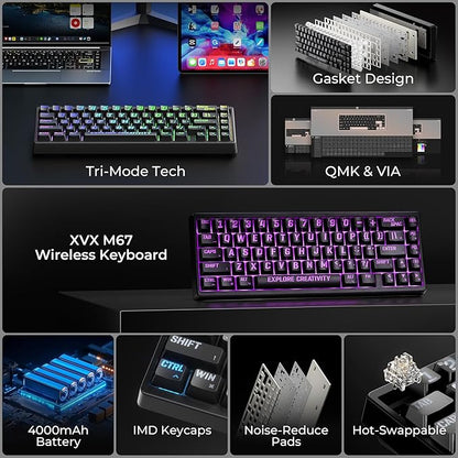 x XVX M67 Wireless 60% Percent Keyboard, QMK/VIA Topographic Gaming Keyboard, Tri-Mode Thocky Creamy Mechanical Key board, Hot Swappable Gasket Mount RGB IMD Tech for Win/Mac, Miami Theme, Black