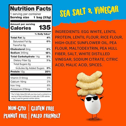 Todd's Better Snacks Egg-Cellent Protein Puffs, Sea Salt & Vinegar – 12g Protein, Gluten-Free, Paleo-Friendly, Baked, GLP-1 Compliant – Healthy Snack, Made with Egg Whites – 1.2 Oz (Pack of 10)