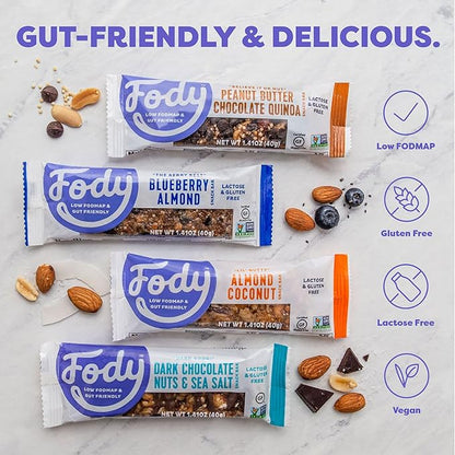 Fody Foods Snack Bars Variety Pack, 1.41 Oz (Pack of 24), Almond Coconut & Blueberry Almond, Protein Bars, Low FODMAP, Gut & IBS Friendly, Vegan, Lactose Free, Non-GMO, Gluten Free