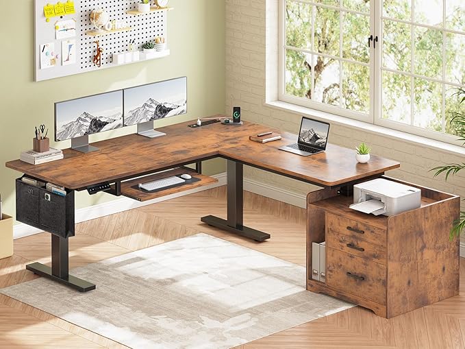 SEDETA L Shaped Electric Standing Desk with File Cabinet, 63 x 53'' Height Adjustable Home Office Computer Desk with 3 Drawers, Power Outlet, Stand up Gaming Table with Led Lights, Rustic Brown