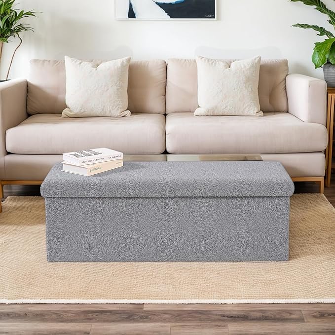 43 Inches Storage Ottoman Bench - Square Ottoman with Sherpa Top,Storage Bench for Bedroom,43" L x 15" W x 15" H - Grey