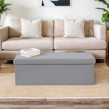 43 Inches Storage Ottoman Bench - Square Ottoman with Sherpa Top,Storage Bench for Bedroom,43" L x 15" W x 15" H - Grey