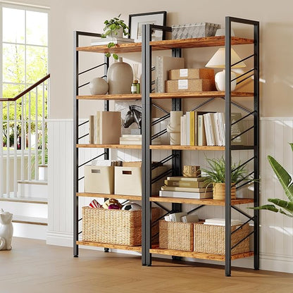 5 Tier Bookshelf, Industrial Tall Bookcase, Modern Display Shelves with Metal Frame and Sidebars for Bedroom, Living Room and Home Office, Rustic Brown