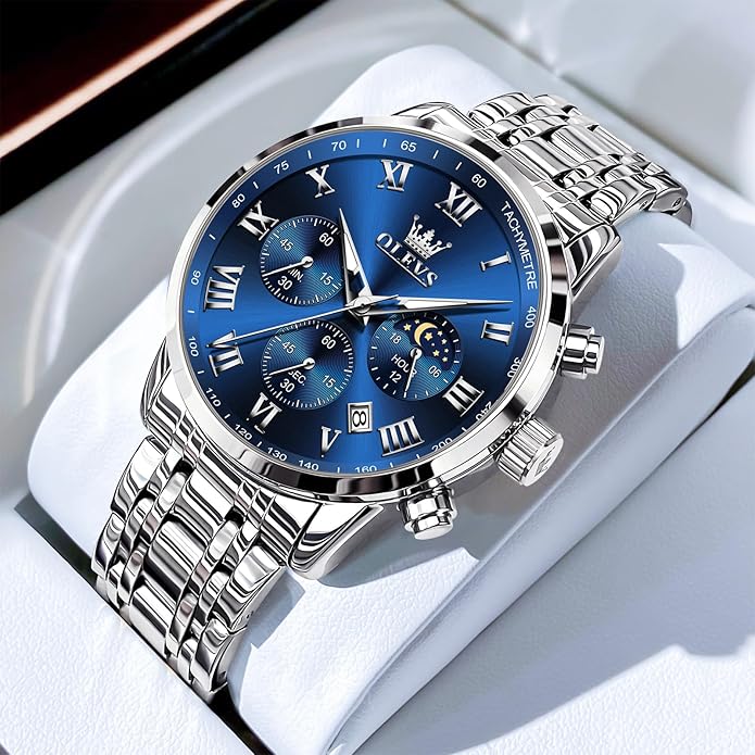 OLEVS Mens Stainless Steel Chronograph Watch, Big Face Roman Numerals Date Analog Quartz Dress Watches for Men, Fashion Multifunctional Waterproof Luminous Hands Men's Wristwatch