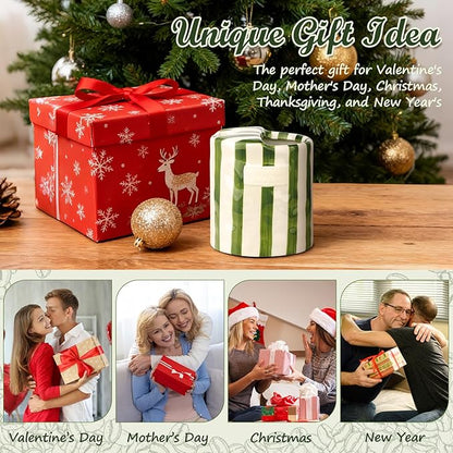 Novelty Ceramic Coffee Mug Designed to Look Like a Gift Box, 10oz Retro Hand-Painted Ceramic Travel Mug, Green & White Striped Design, Microwave & Dishwasher Safe, Perfect Present for Coffee Lovers