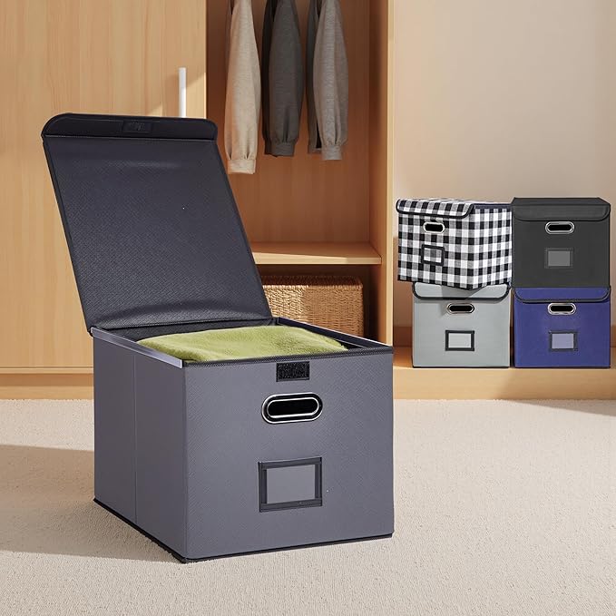 Collapsible File Box with Lid & Plastic Slide - Hanging Document Organizer for Office/Home, 14.96x12.6x10.83 Inch,Decorative Home File Bin,Dark Grey, 2 Pack (No Folders Included)