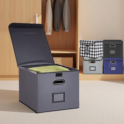 Collapsible File Box with Lid & Plastic Slide - Hanging Document Organizer for Office/Home, 14.96x12.6x10.83 Inch,Decorative Home File Bin,Dark Grey, 2 Pack (No Folders Included)