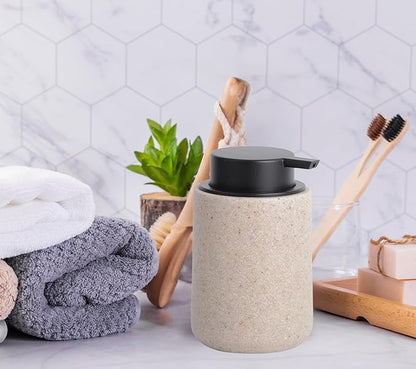 Resin Hand Soap Dispenser Easy-to-Press Liquid Pump, Refillable Soap Dispenser with Sandstone Like Finish, Waterproof Bottle Labels for Bathroom Kitchen Dish Lotion (Beige,10 oz)