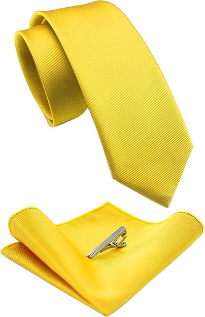 JEMYGINS 2.4" Solid Color Skinny Tie and Pocket Square with Tie Clip Sets for Men (6cm)