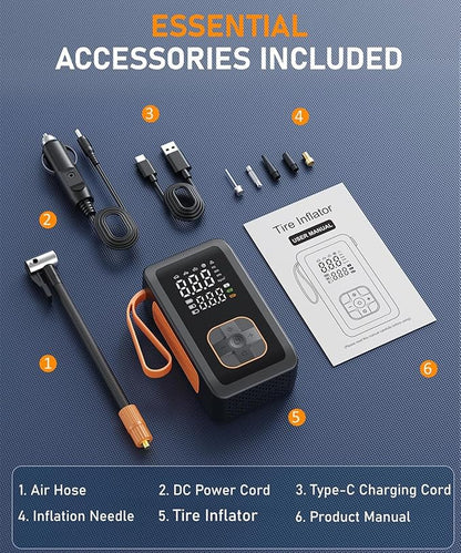 Tire Inflator Portable Air Compressor - 150PSI & 15000mAh Dual Power (Cordless & 12V DC) Car Air Pump, 3X Faster 36L/Min Electric Tire Pump with Digital Gauge, LED Light for Car, Bike, Ball