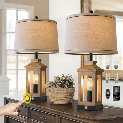 BOBOMOMO 23.75" Natural Wood Farmhouse Table Lamps Set of 2 – Retro Nightstand Lamps with 3 Way Dimmable Touch Control Night Light & USB A+C Ports, Rustic Lamps for Living Room, Bedroom, Entryway
