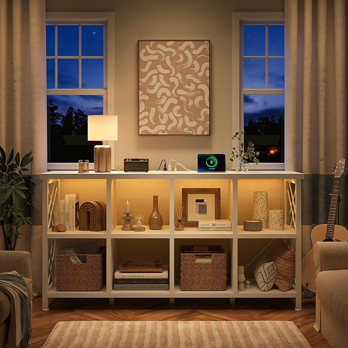 8 Cube Storage Organizer with LED Light and Charging Station, Wood and Metal Cube Shelf, White Horizontal Book Shelf for Bedroom, Home Office