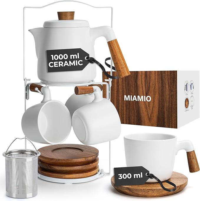 MIAMIO – 34 Oz Ceramic Tea Pot Set with Infuser and Cups/Tea Strainer, 4 Ceramic Tea Mugs (10 Oz), Bamboo Saucers/Handle for Home and Office (White)