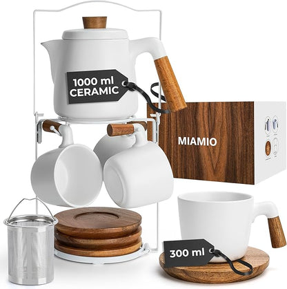 MIAMIO – 34 Oz Ceramic Tea Pot Set with Infuser and Cups/Tea Strainer, 4 Ceramic Tea Mugs (10 Oz), Bamboo Saucers/Handle for Home and Office (White)