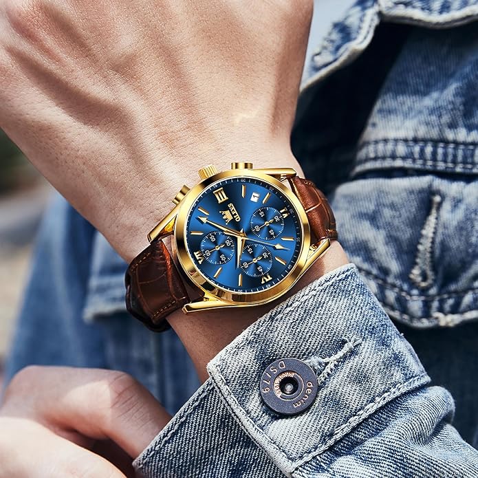 OLEVS Men's Chronograph Leather Watch, Big Face Easy to Read Analog Quartz Dress Watch, Casual Waterproof Luminous Hands Date Watches for Men, White/Blue/Black/Gold Dial