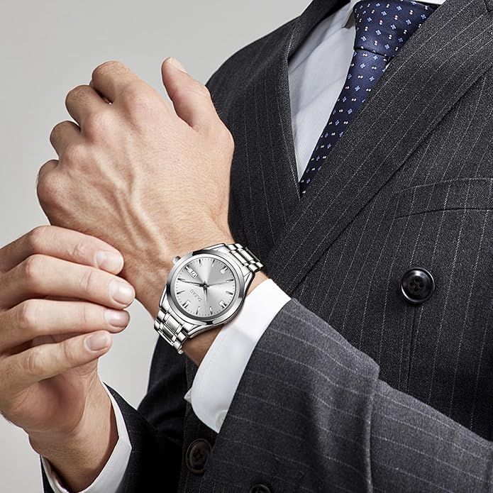 Mens Silver Watch Luxury Minimalist Dress Watch Classic Waterproof Watches for Men Analog Quartz Stainless Steel Men's Wrist Watches with Date Luminous Relojes para Hombres