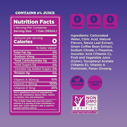 FEEL Zero Sugar Natural Energy Drink – Blackberry Pomegranate, 140mg Plant-Based Caffeine with L-Theanine for Focus, Vitamin C for Immunity, Vegan, Non-GMO, No Artificial Sweeteners, 12 Fl Oz Cans (12-Pack)