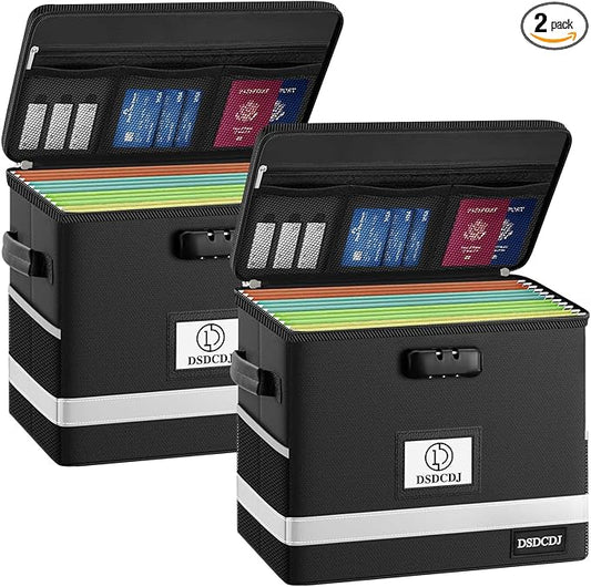 Fireproof Document Box 2 Pack - Fireproof File Organizer with Lock, Portable File Box with Handle, Portable Home Office File Cabinet for Hanging Letter/Legal Folder (12.3 x7.7 x10.5in)
