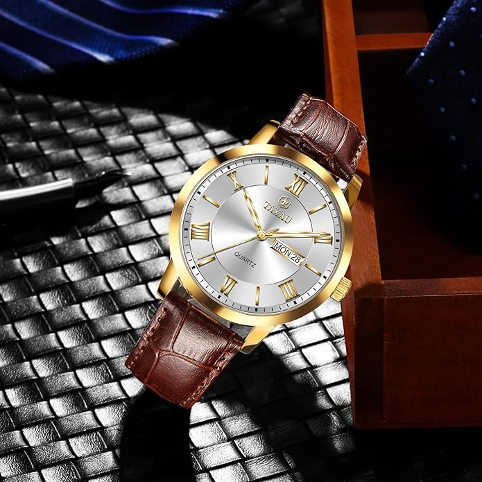 Men's Watch Big Face Easy Read Arabic Numeral Dress Watches for Men Classic Black Brown Leather Band Analog Mens Wrist Watch with Day and Date Fashion Business Waterproof Luminous Quartz Watch