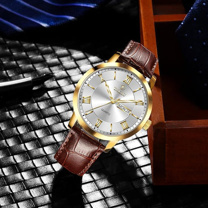 Men's Watch Big Face Easy Read Arabic Numeral Dress Watches for Men Classic Black Brown Leather Band Analog Mens Wrist Watch with Day and Date Fashion Business Waterproof Luminous Quartz Watch