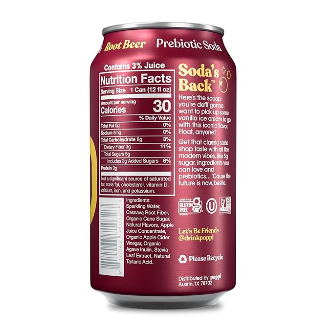 Poppi Sparkling Prebiotic Soda Beverage with Apple Cider Vinegar, Seltzer Water and Fruit Juice, Root Beer Flavor, 12 Fl Oz, Pack of 12, Packaging May Vary
