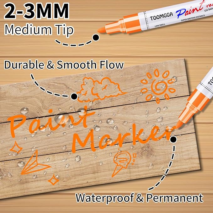 Orange Permanent Paint Pens - 12 Pack Oil Based Paint Markers, Pens For Rock Painting Car Tyre Metal, Plastic, Canvas, Mugs, Wood, Glass, Quick Drying and Waterproof, Medium Point