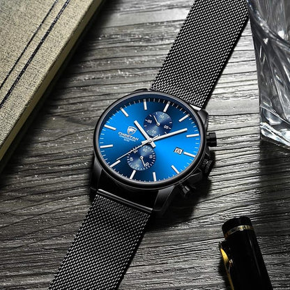 GOLDEN HOUR Mens Watch Fashion Sleek Minimalist Quartz Analog Mesh Stainless Steel Waterproof Chronograph Watches for Men with Auto Date