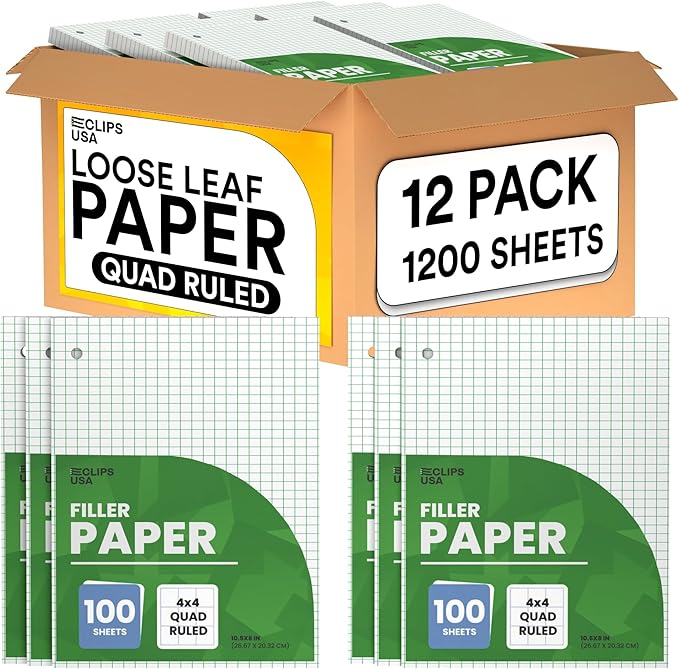 Loose Leaf Graph Paper 4 x 4 An Inch Quad Ruled Graph Paper 10.5” x 8” Graphing Paper 100 Per Sheets Per Pack 60 gsm (12 Pack)