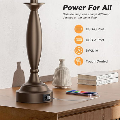 White Brown Lamps for Bedrooms Set of 2 - Touch Control Bedside Lamp with USB C+A, 3 Way Dimmable Nightstand Lamps with USB Port, Table Lamp for Living Room(White Shade and Brown Base)