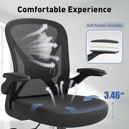 ZZH Mesh Office Chair with Adjustable Lumbar Support and Flip-up Arms, Ergonomic Home Office Desk Chair with Wheels, Black